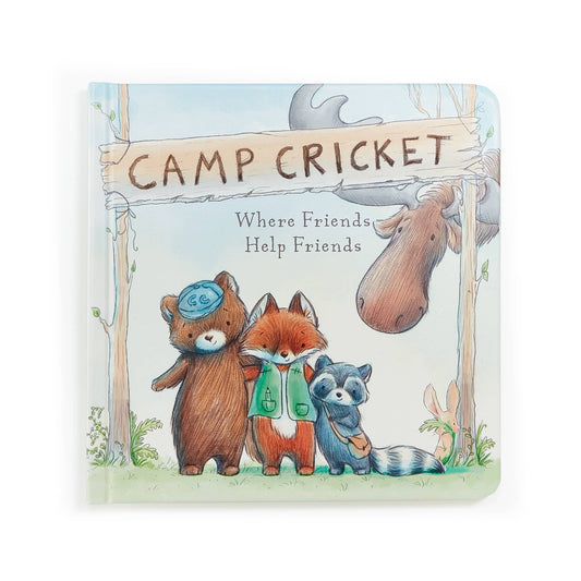 Book cover of 'Camp Cricket' with illustrated animals around a signpost.