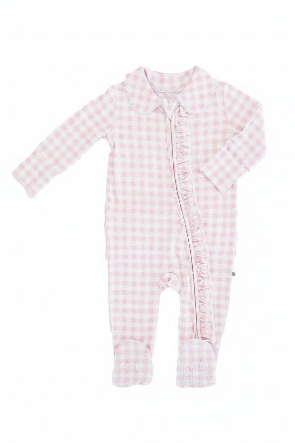 Peter Pan Collar Ruffle Zipper Footie | Rosy Gingham