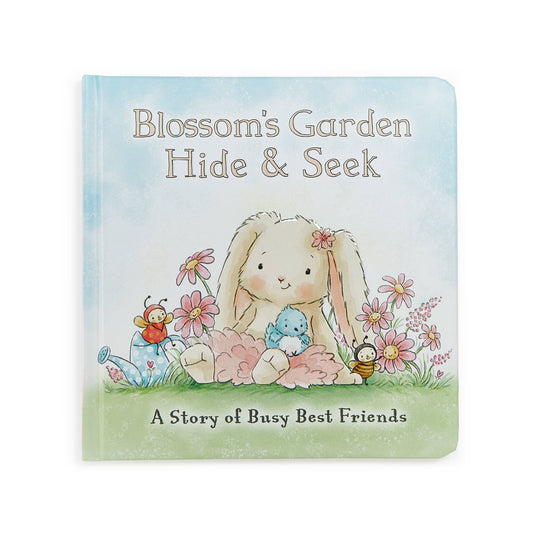 Children's book titled 'Blossom's Garden Hide & Seek' with a bunny and flowers on the cover.