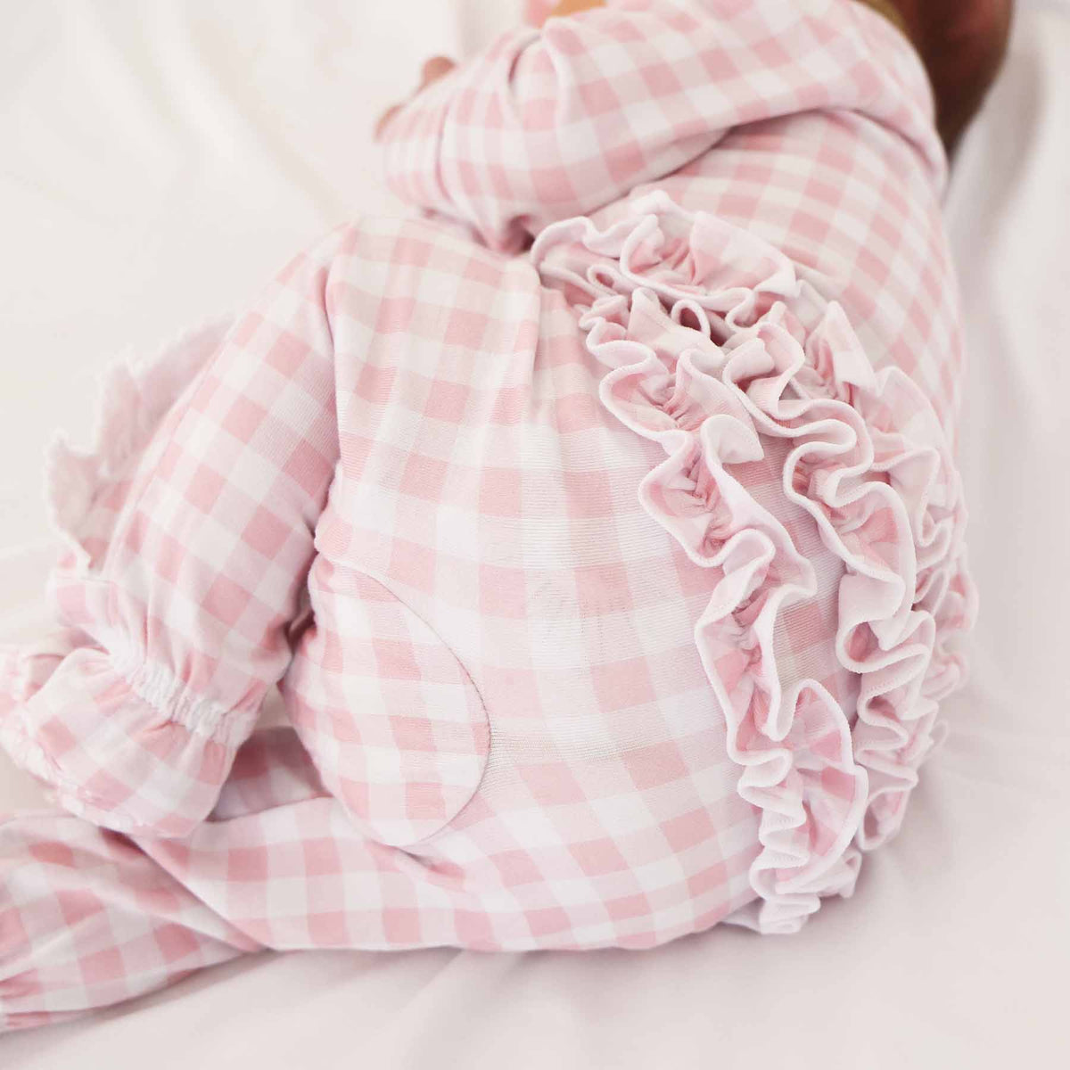 Peter Pan Collar Ruffle Zipper Footie // Rosy Gingham