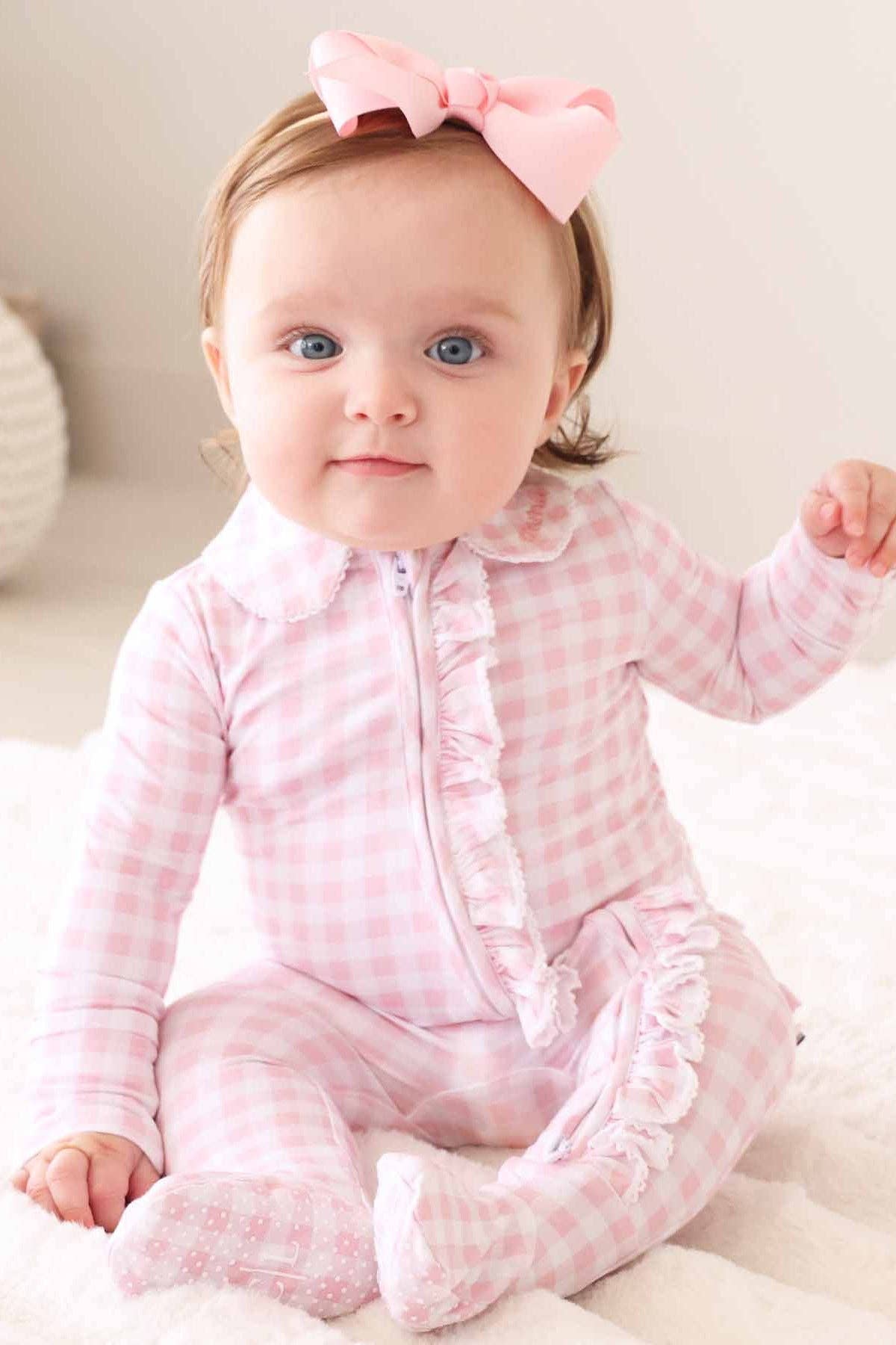 Peter Pan Collar Ruffle Zipper Footie // Rosy Gingham