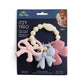 A baby teething toy set, featuring a cream-colored silicone bead ring with three textured silicone bows in pink, light blue, and dusty pink.