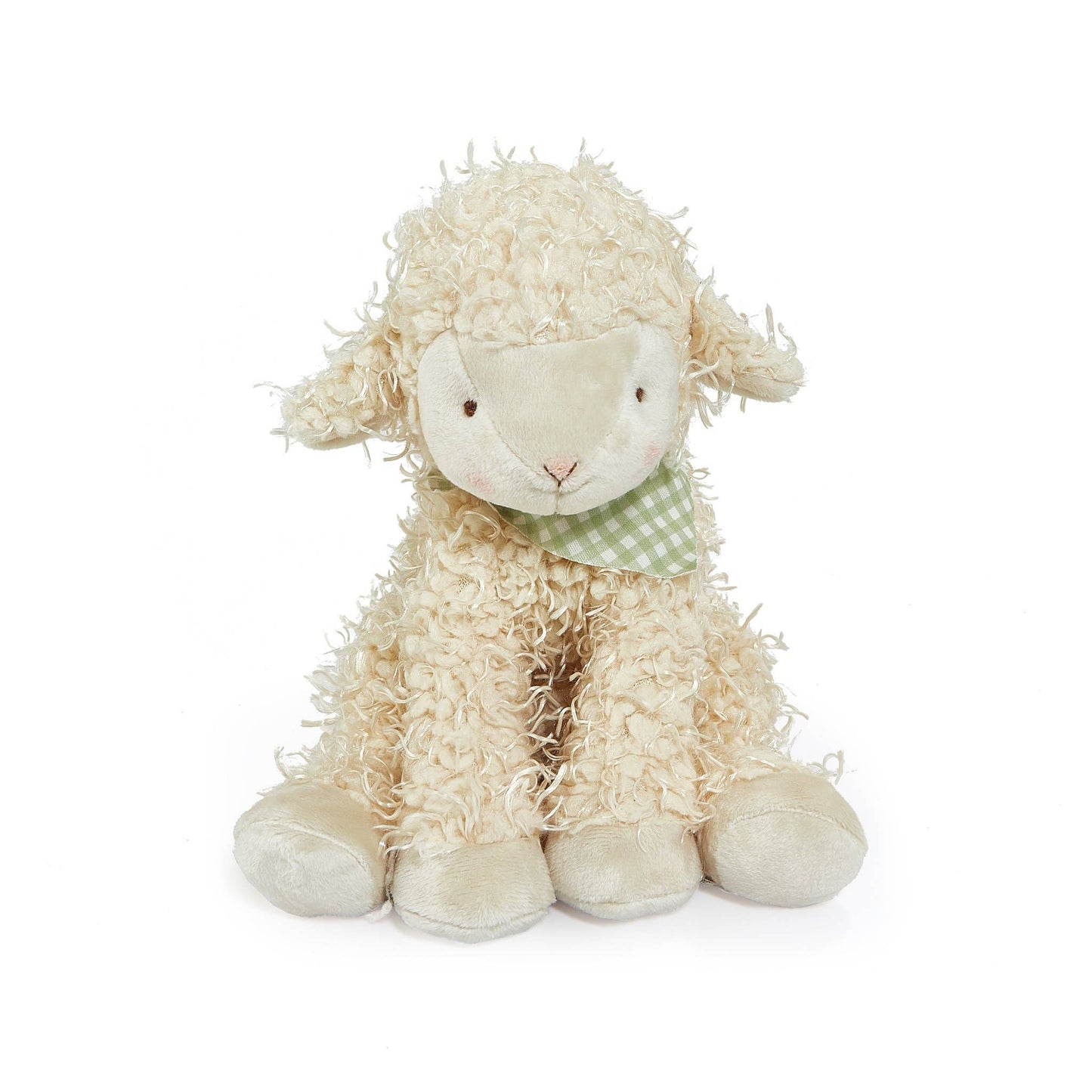 Plush toy sheep with a green checkered scarf 