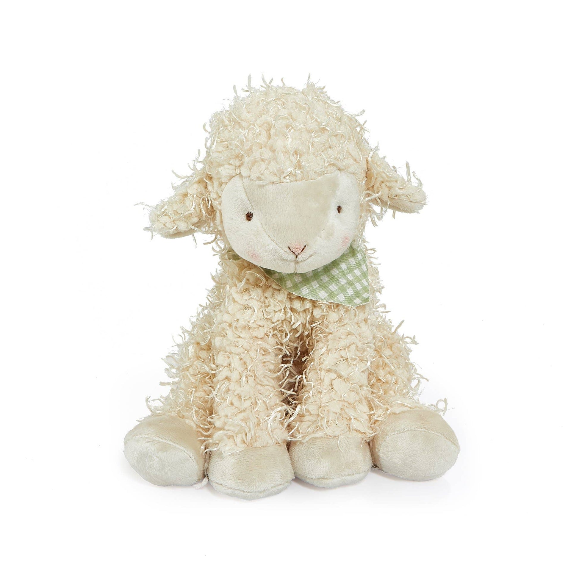 Plush toy sheep with a green checkered scarf 