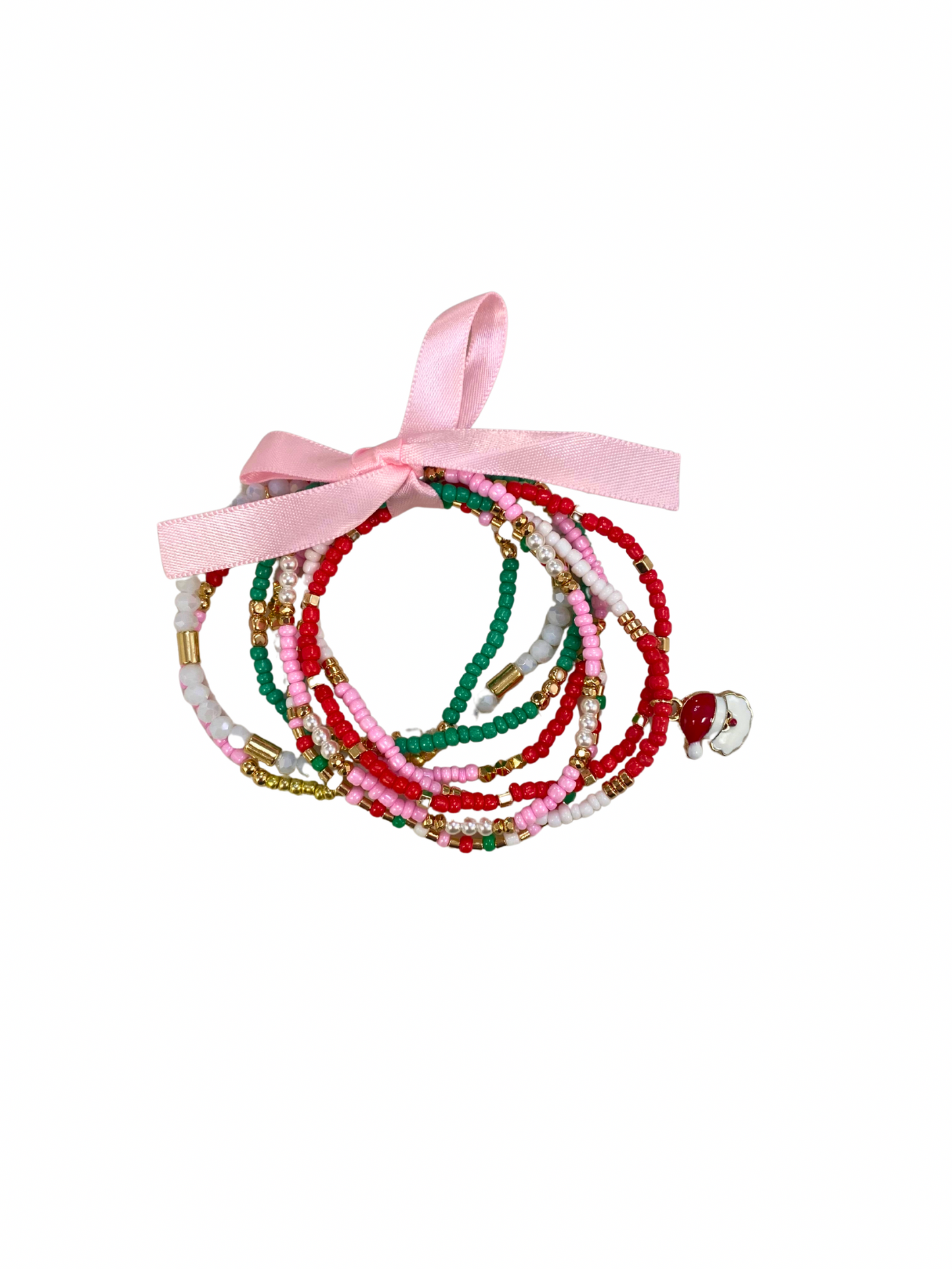 Set of colorful beaded bracelets with a pink ribbon