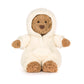 Stuffed bear in a white onesie with brown paws 