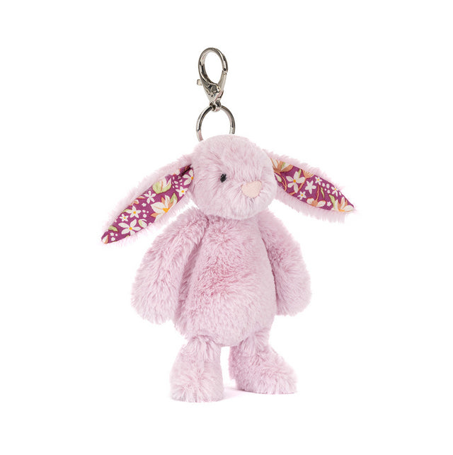 Pink plush bunny keychain with floral ears 