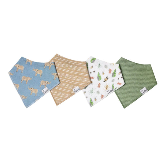 baby bibs with elephant and bug prints