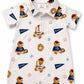 Baby romper with teddy bear and baseball pattern.