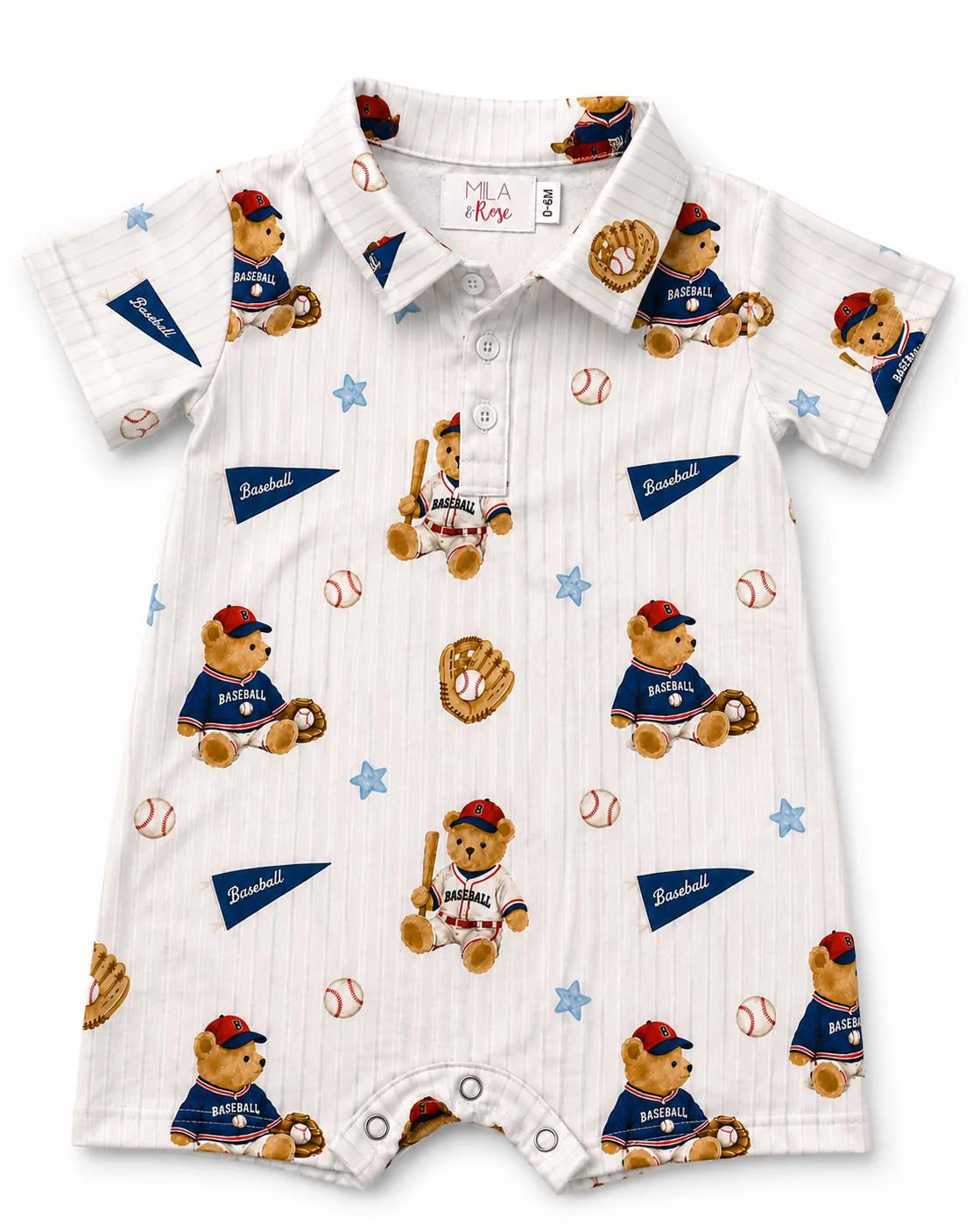 Baby romper with teddy bear and baseball pattern.