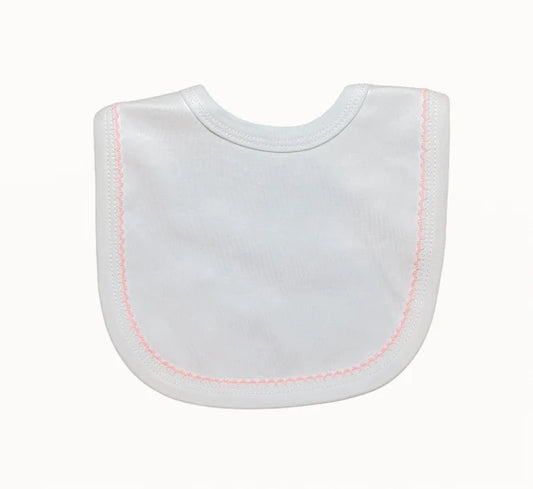 White baby bib with pink stitching