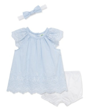 Light blue baby dress with ruffled sleeves and matching headband 