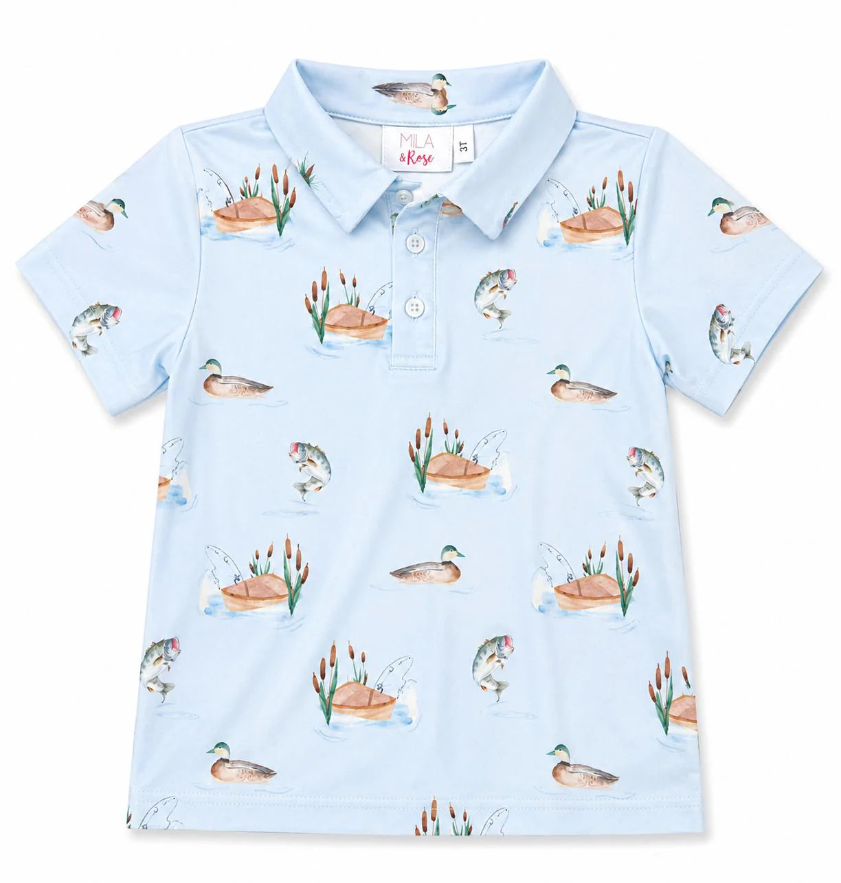 Light blue polo shirt with duck pattern.
