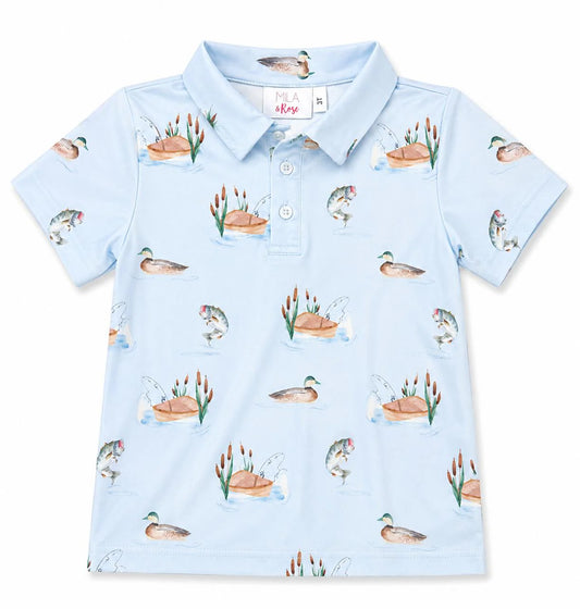 Light blue polo shirt with duck pattern.