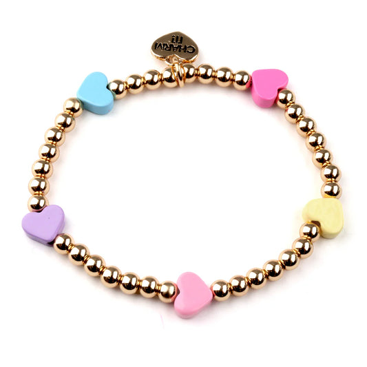 Gold bead bracelet with colorful hearts