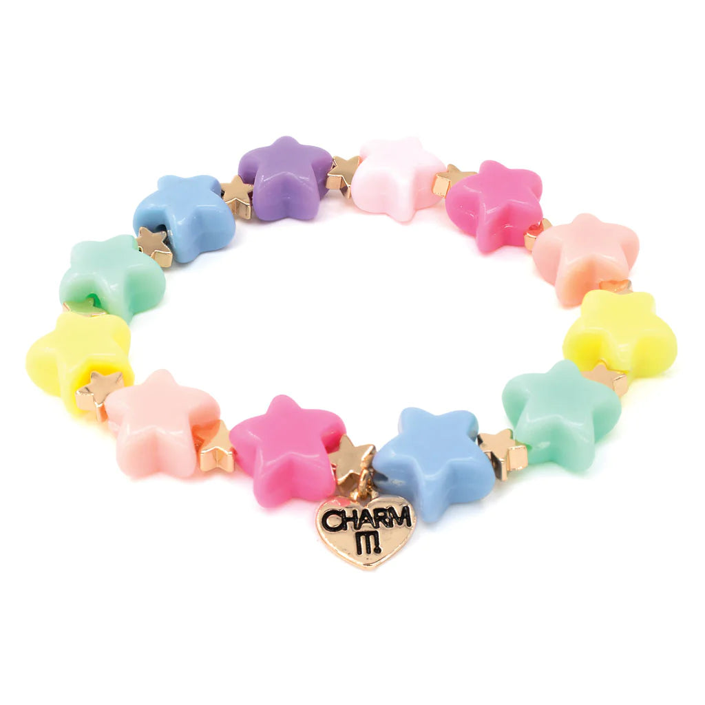 A colorful star-shaped bead bracelet with pastel colors and gold accents.