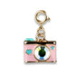Pink camera charm with a gold border