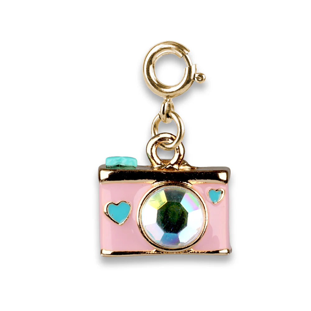 Pink camera charm with a gold border