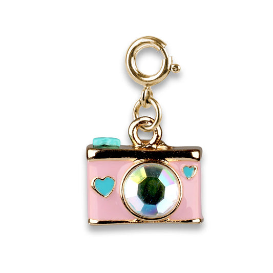 Pink camera charm with a gold border