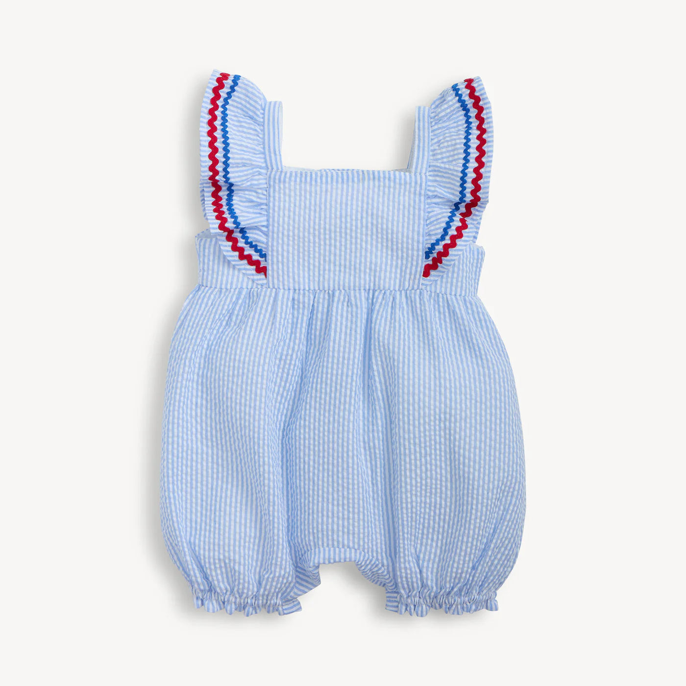 Blue checkered baby romper with red trim 