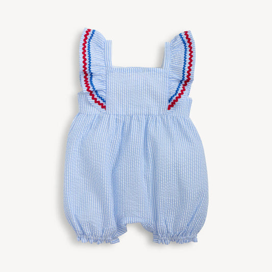 Blue checkered baby romper with red trim 