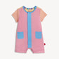 Pink baby romper with blue accents 