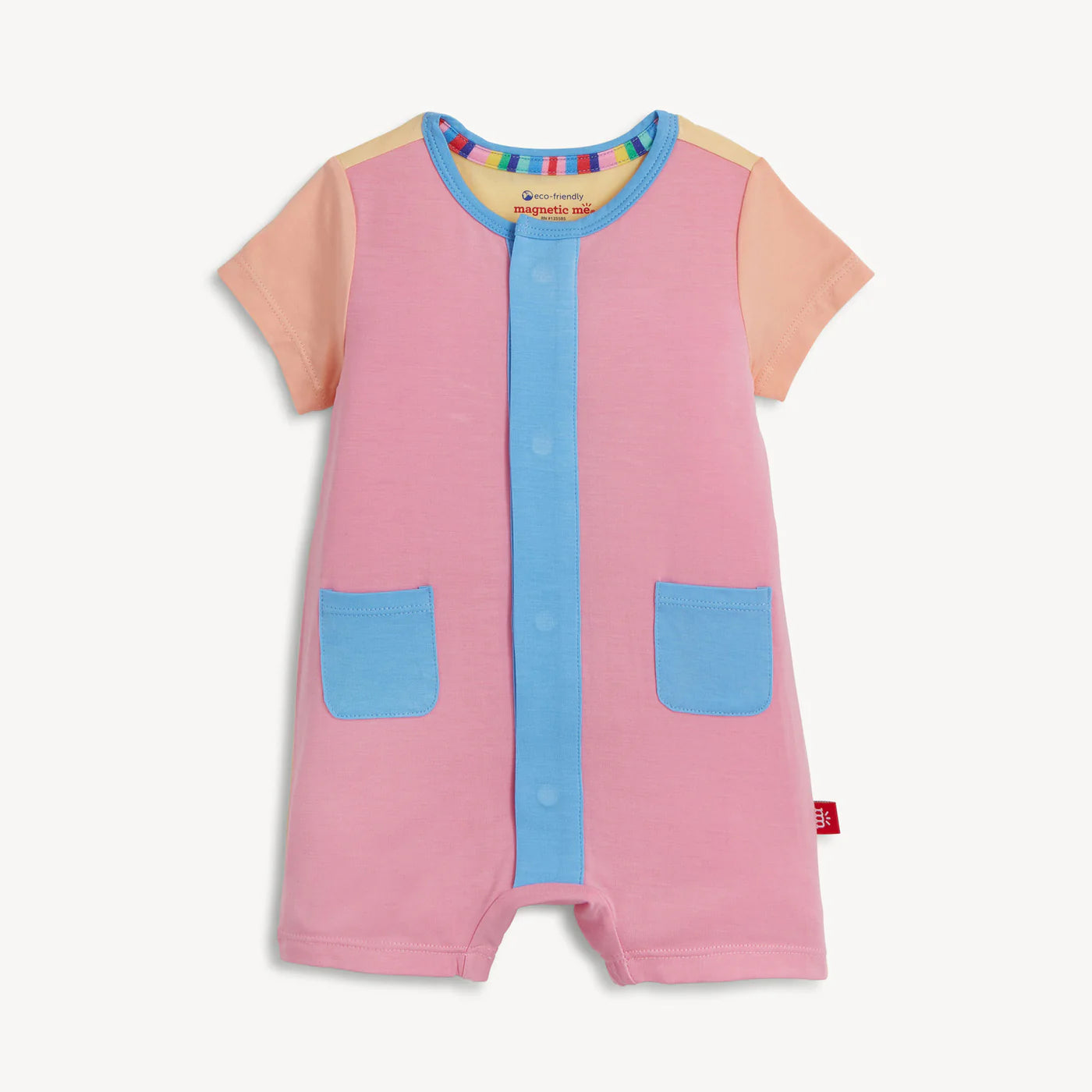 Pink baby romper with blue accents 