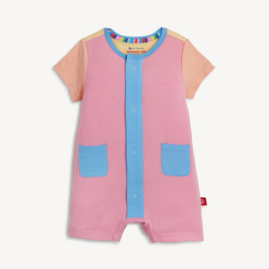 Pink baby romper with blue accents 