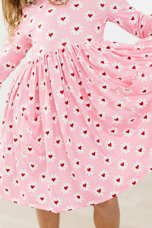 Pink dress with heart and flower pattern 