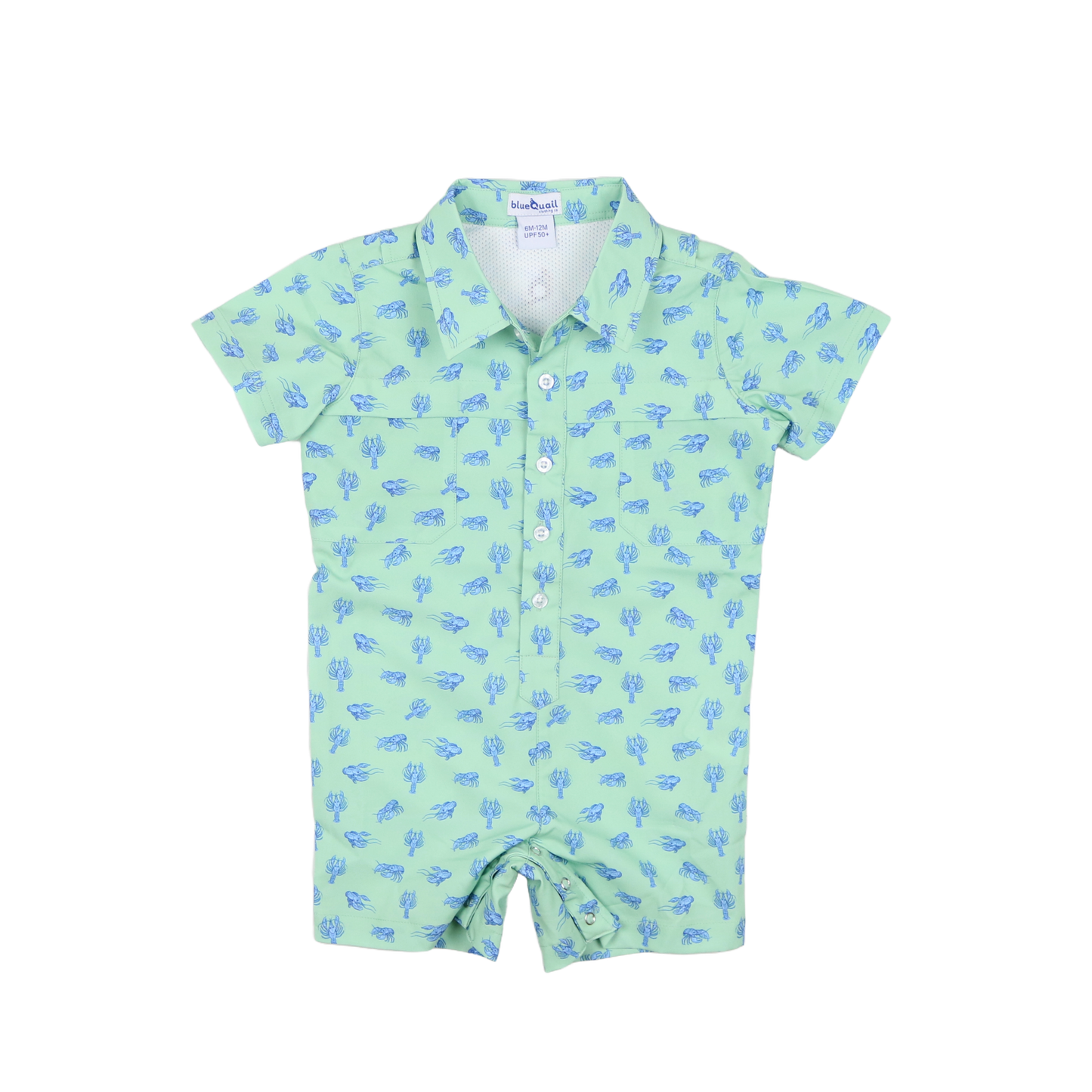 Light green baby romper with blue crawfish on a white background