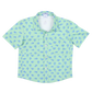 Green shirt with blue crawfish pattern on a white background
