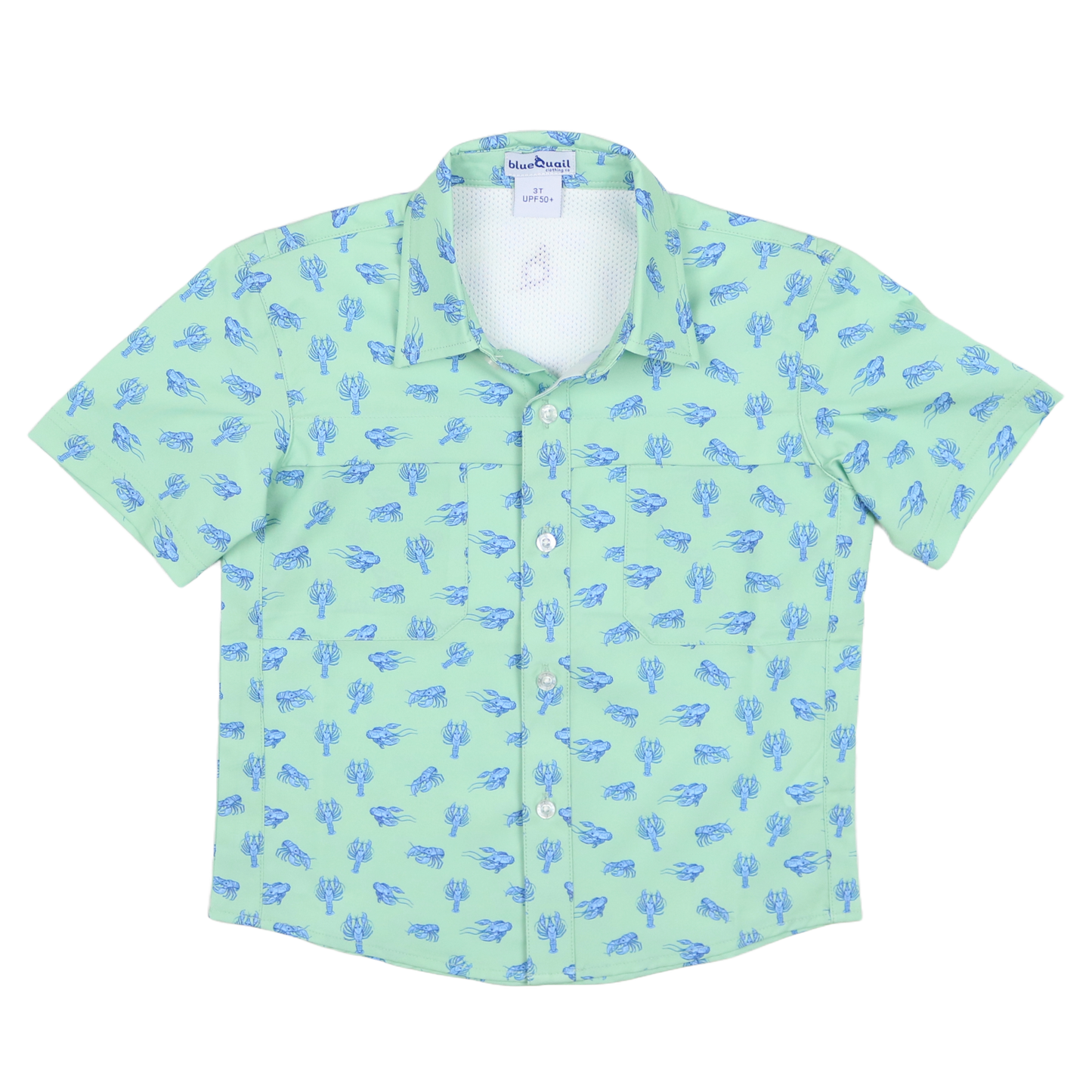 Green shirt with blue crawfish pattern on a white background
