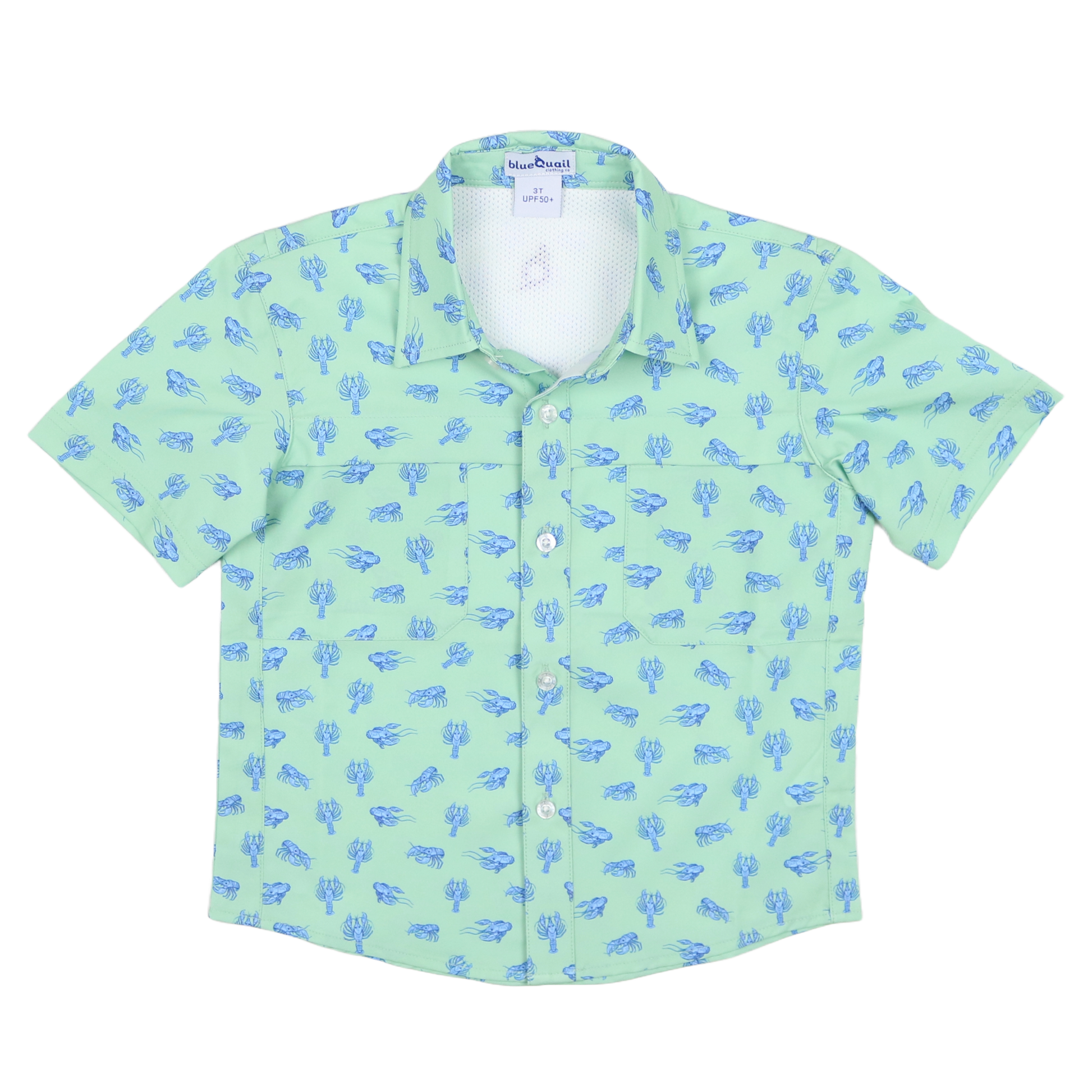 Green shirt with blue crawfish pattern on a white background