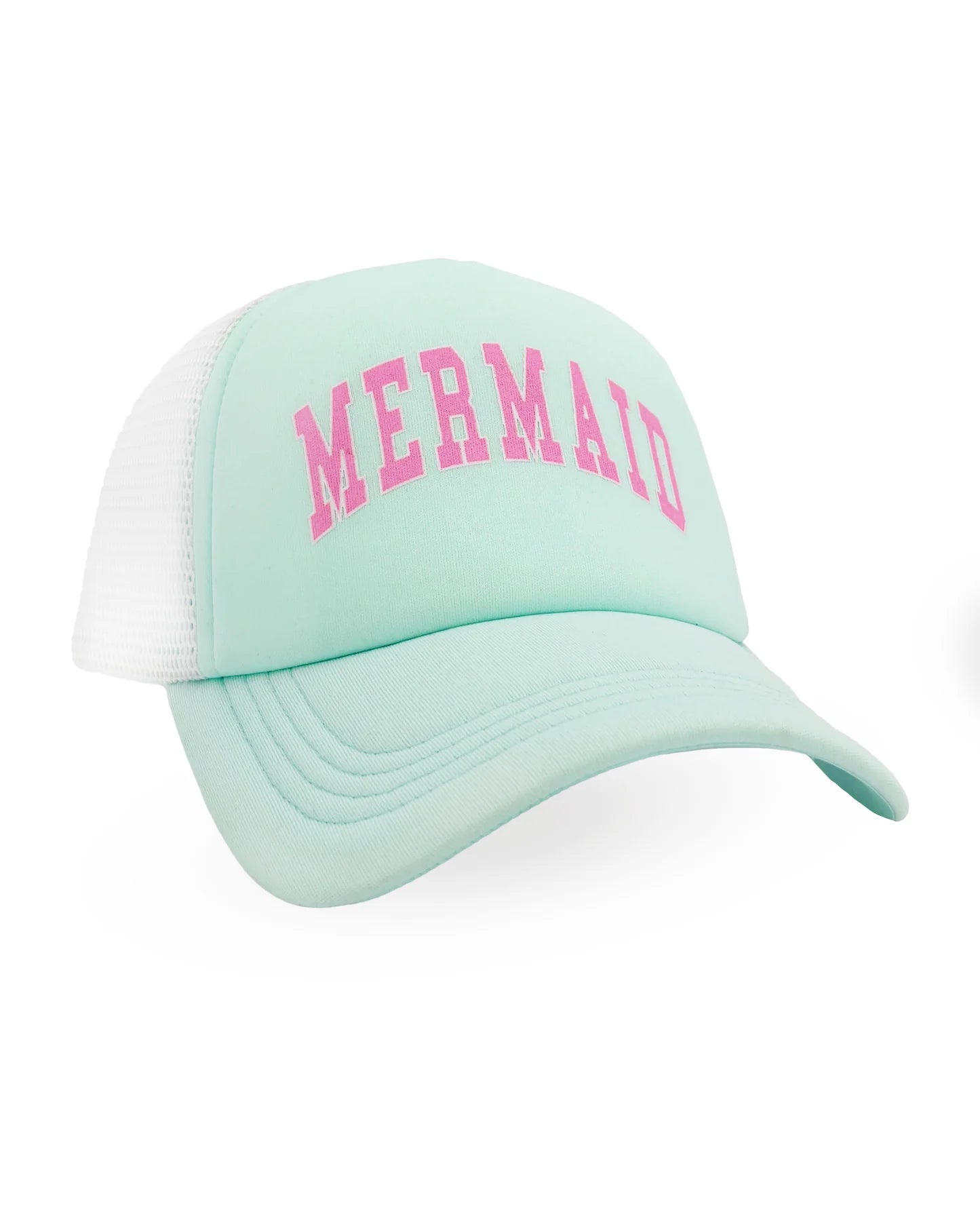 Mint green cap with 'MERMAID' text