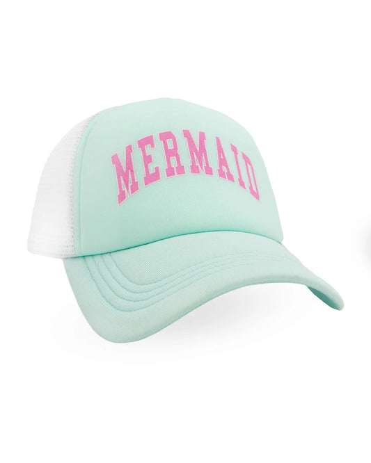 Mint green cap with 'MERMAID' text