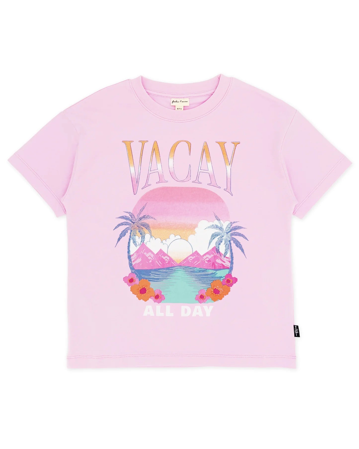Pink t-shirt with 'VACAY ALL DAY' graphic design