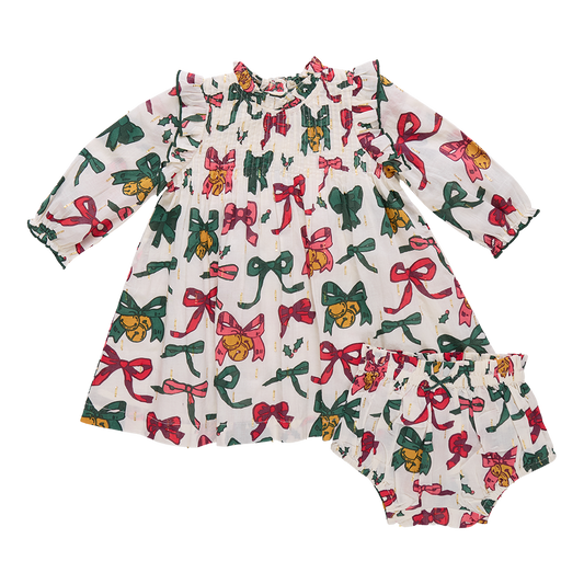 Children's dress with colorful bow pattern 