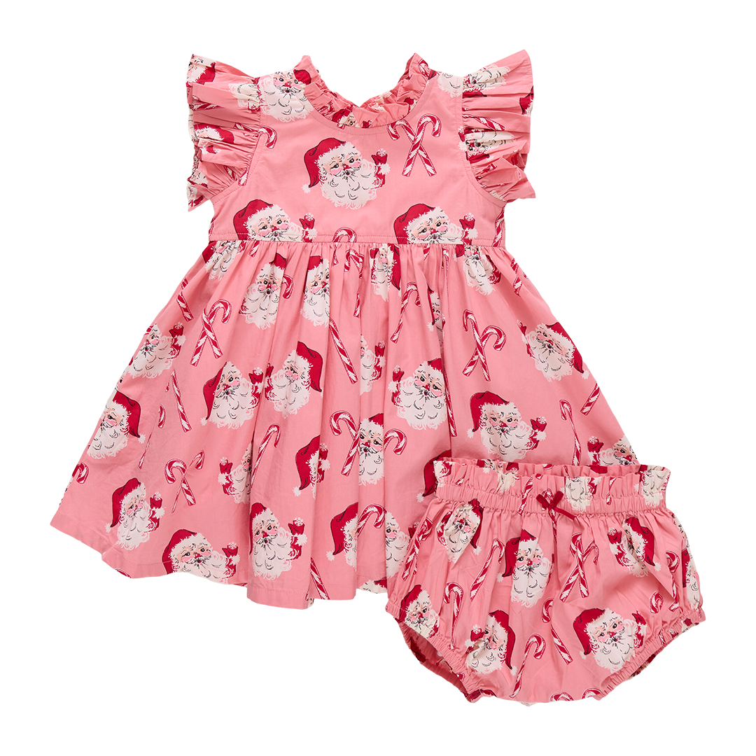 Pink baby dress with Santa Claus and candy cane pattern