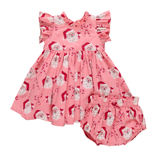 Pink baby dress with Santa Claus and candy cane pattern