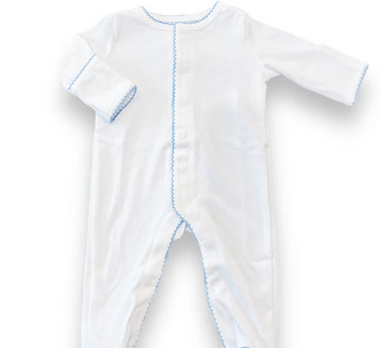 White footie with blue trim 