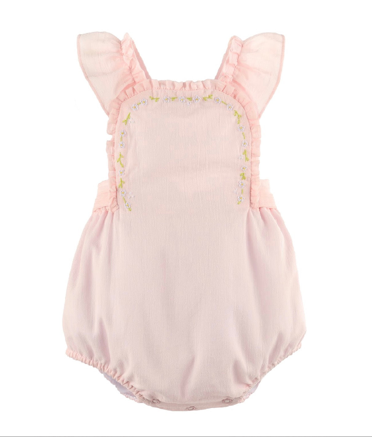 Pink baby romper with ruffled shoulder straps 