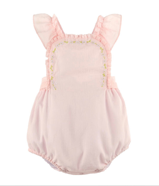 Pink baby romper with ruffled shoulder straps 