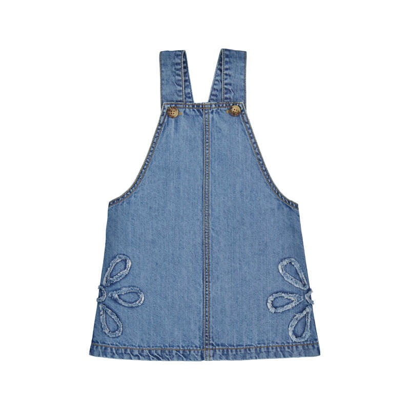 Blue denim pinafore dress with floral details 