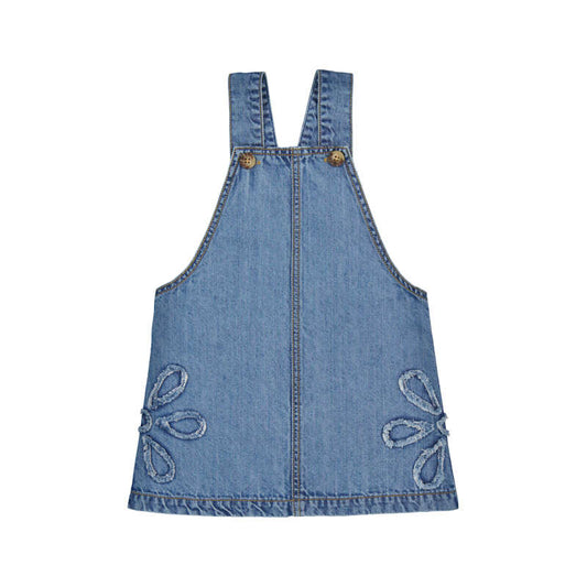 Blue denim pinafore dress with floral details 