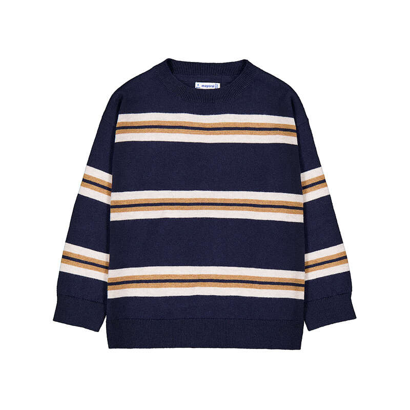 A navy blue crewneck sweater with horizontal stripes in beige, white, and light brown