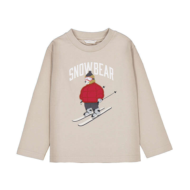A beige long-sleeve crewneck sweatshirt featuring a graphic of a cartoon snow bear skiing with the text 'SNOWBEAR' 