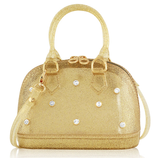 Gold glitter handbag with crystal embellishments
