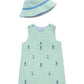 Green striped baby romper with blue golf accents and matching hat