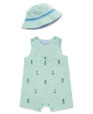 Green striped baby romper with blue golf accents and matching hat