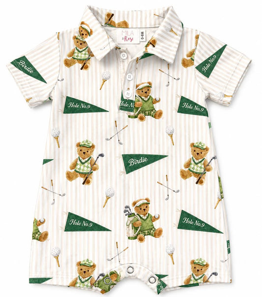 Shirt with teddy bear and golf-themed design.
